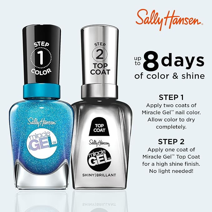 Sally Hansen Miracle Gel Salon Quality Nail Polish | Gel-Like Formula, Two-Step System, No UV Light Needed, Long Lasting | Opaque, Shimmery | 649 Flashionista | Bright Blue Nail Polish