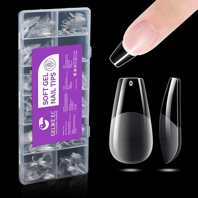 Gelike EC Soft Gel Nail Tips Kit for Soak Off Nail Extensions, Full Cover, Coffin Shaped, Pre-Buff PMMA Resin, Clear Ultra-Thin Design, 12 Sizes, 552 Pieces, Medium Coffin False Press on Nail