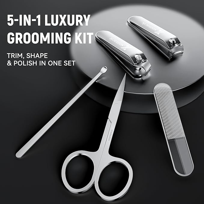 Nail Clippers Set Fingernail and Toenail Clipper Cutters, Manicure Pedicure Kit Grooming Kits, 5pcs Core Nail Care Tools with Portable Travel Case with Mirror Present for Man Woman