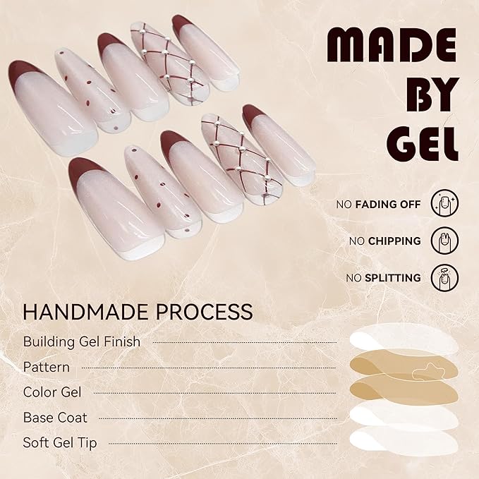 Press On Nails,Long Almond Red Glitter French Fake Nails for Women,30pcs with Jelly Glue,Reusable, Perfect for Holiday Parties or Gifts