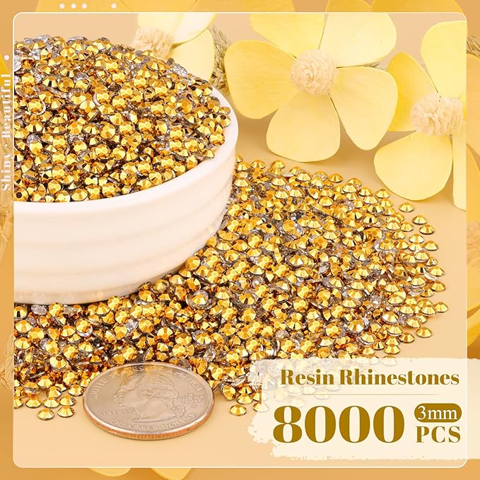 8000PCS 3mm Resin Rhinestones Bulk for Crafting (Copper Gold), Flatback Bedazzling Crystals for Crafts DIY Nail Decoration, Gems Charms for Tumbler Shoes Clothing Fabric with Pickup Pen and Tweezers