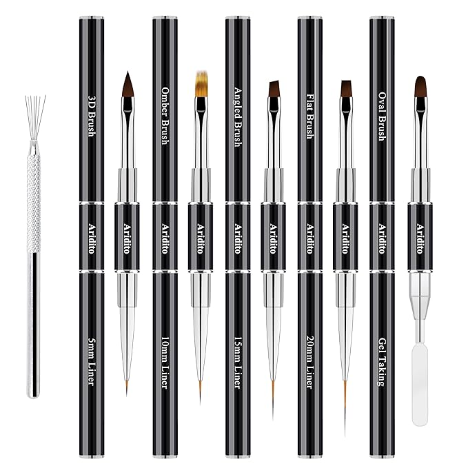 One 7-Pin Stainless Steel Nail Tool And 5pcs Double-Ended Nail Art Brushes Set With 5/10/15/20mm Liner Brushes, Gel Taking, Ombre/Flat/3D/Oval/Angled Brushes For DIY Manicures & Salons