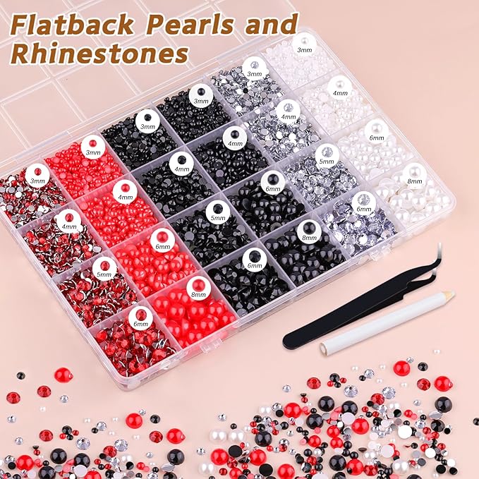 14000PCS Flatback Pearls and Rhinestones for Bedazzling, Red White Black Mixed Size 3-10mm Resin Rhinestones Gems and Half Pearls for Crafting, Nail Art Crafts Decoration