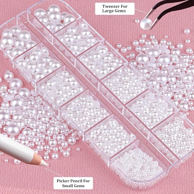 Belleboost Flat Back Pearls Kits 1 Box of Flatback White Half Round Pearls with Pickup Pencil and Tweezer for Home DIY and Professional Nail Art, Face Makeup and Craft