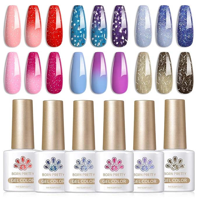 Born Pretty Color Changing Gel Nail Polish, 6 Colors Glitter Temperature Change Gel Polish Red Hot Pink Blue Long Lasting Nail Polish U V Set for Manicure and Nail Art, DIY at Home, Salon-Quality 7ml