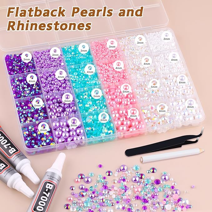 14000PCS Flatback Pearls and Rhinestones for Bedazzling Kit, Pink Purple 3-10mm Resin Rhinestones and Half Pearls for Crafting, Nail Art Crafts Decor with 3pcs B7000 Jewelry Glue