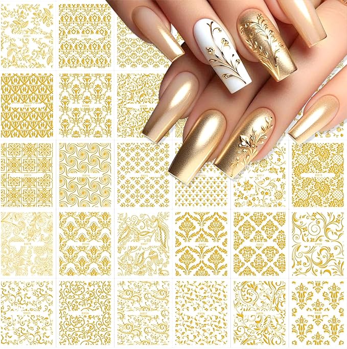 30 Sheets Gold Art Stickers Decals 3D Self-Adhesive Lace Decals Retro Flower Designs Nail Supplies Summer Nail Decoration DIY Nails Accessories for Women