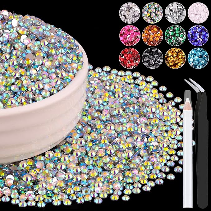 8000PCS 3mm Resin Rhinestones Bulk for Crafting (AB), Flatback Bedazzling Crystals for Crafts DIY Nail Decoration, Gems Charms for Tumbler Shoes Clothing Fabric with Pickup Pen and Tweezers
