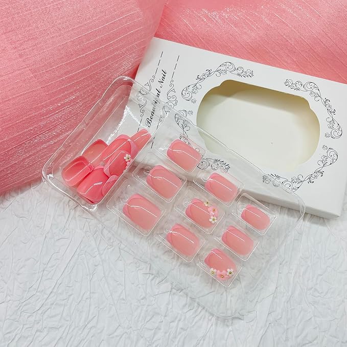 Square Press on Nails Short Fake Nails with Designs 3D Flower Stick on Nail Pink French Acrylic False Nail Glossy Artificial Nail Full Cover Glue on Nails for Women 24Pcs