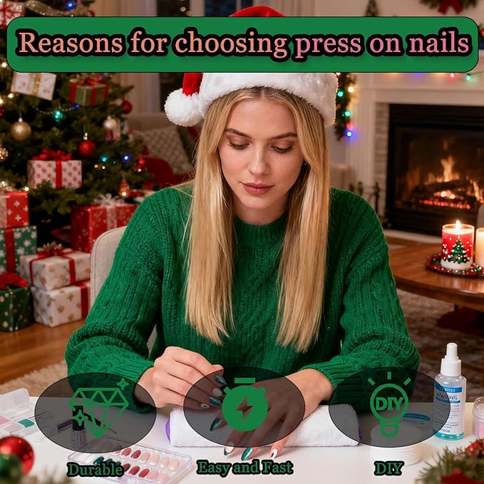 30pcs Shining Green Short Almond Press On Nails with Tree and French Tips for Themed Costumes, Reusable Nail Kit with Nail Adhesive Tabs Mini Nail File, 15 Sizes (Green)