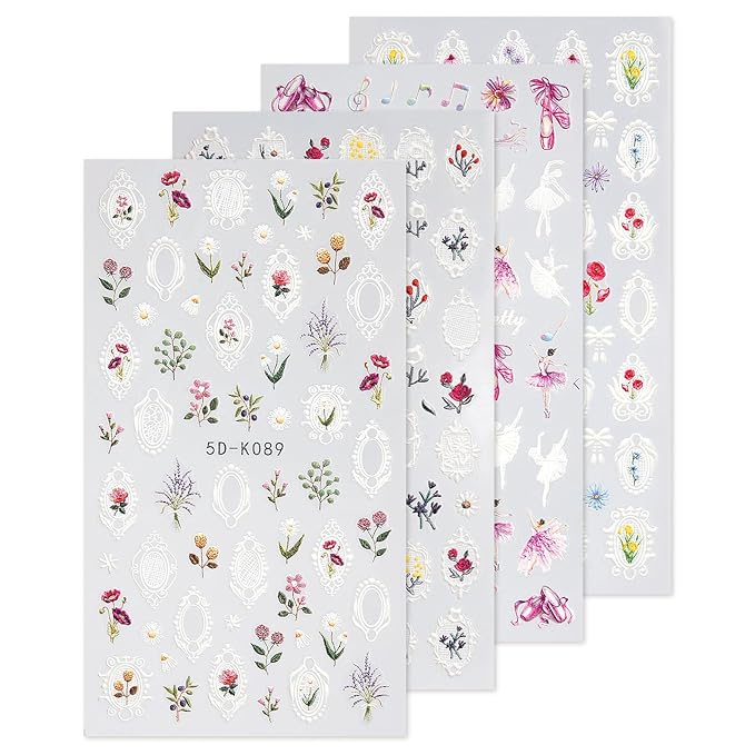 Nail Stickers, 4 Sheets Floral Art Decals, Self-Adhesive 5D Embossed Designs for DIY Manicure