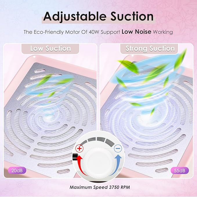 Nail Dust Collector with Lamp&50pcs Disposable Filter&Dusting Brush, Electric Nail Vacuum Cleaner Dust Fan Suction Machine for Manicure Acrylic Gel Nails Polishing, Low Noise,Salon Home (Pink)
