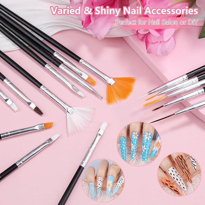 20 Nail Art Brushes Kit with Striping Tapes, Gold Flakes, Pearls, Rhinestones, Glitter & Star Stickers for Gel Nails DIY Manicure Set (Black)