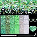 14000Pcs Flatback Pearls and Rhinestones for Crafting, Green White Mixed Size 3-8mm Resin Rhinestones and Half Pearls for Bedazzling, Nail Art with Tweezers and Pickup Pencil