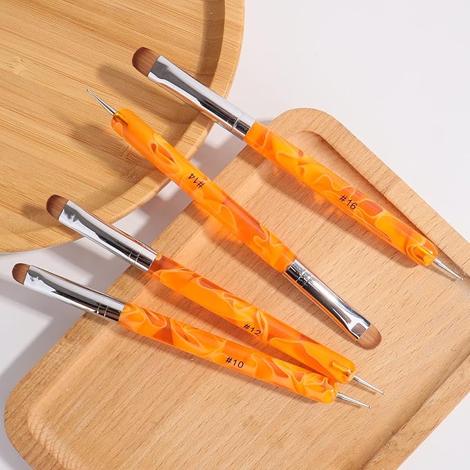 French Manicure Brush -Two Way Nail Art Brush with Dotting Manicure Tool for Manicure Cuticle Clean Up Nail Art Design- Professional Nail Salon Quality Brush, Nail Dotting Pen (12#, Orange)
