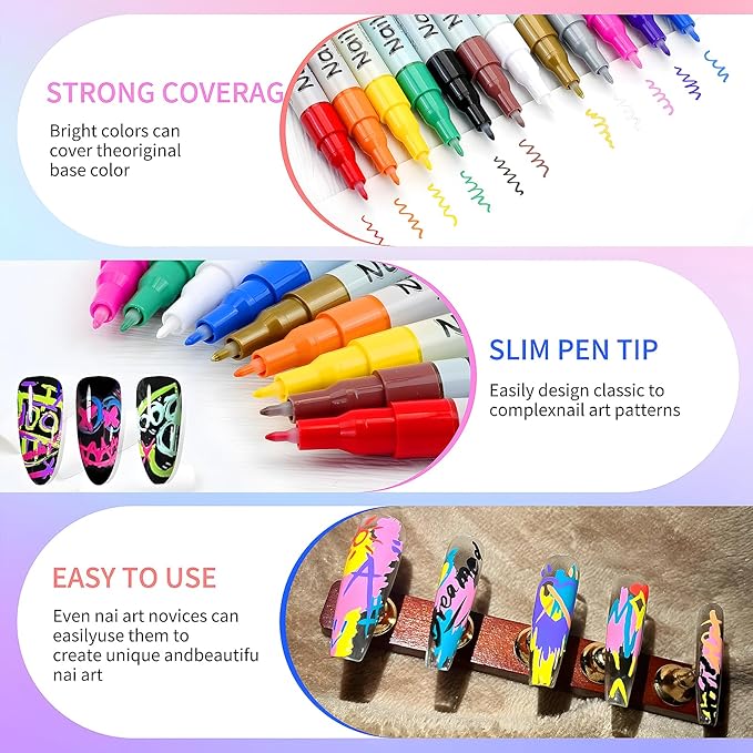 12 Colors Fine Tip Nail Art Pens, 0.6mm Nail Marker Pens for 3D Nail Drawing, Dotting, Graffiti & Painting — Quick Dry Nail Art Liner Pens for Home & Salon