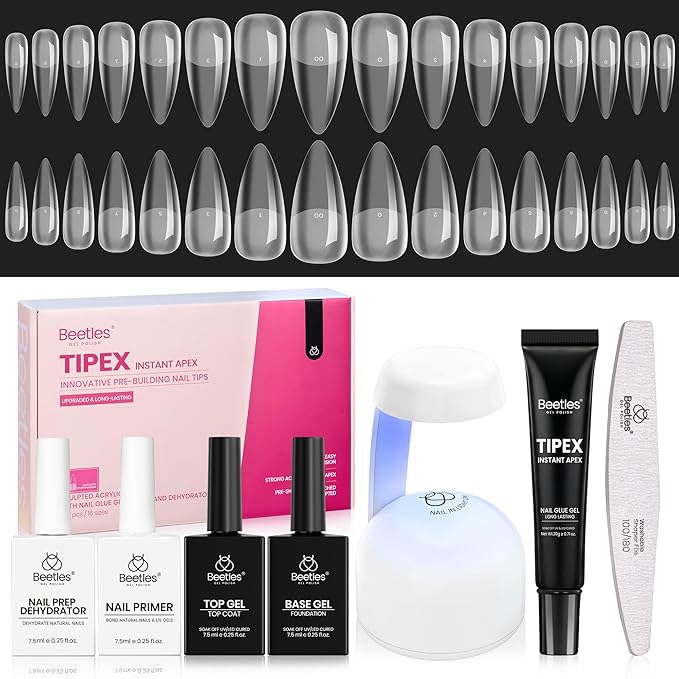 Beetles Tipex Instant Apex Nail Tips Kit – Stiletto Medium, Pre-Building Pre-Etched Thick Acrylic Tips with Tipex Nail Glue, Dehydrator, Primer, Base & Top Coat, Mini UV Lamp 224PCS in 16 Sizes