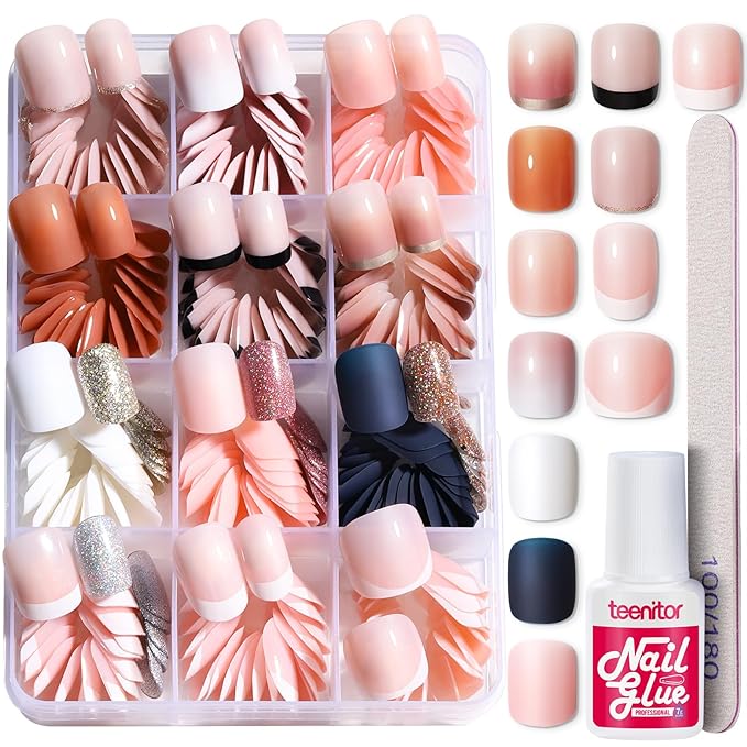 Teenitor Short Press on Nails, 312pcs French Nail Manicure Kit, False Nails with Design, French Tip Nails Extra Short Square Nails Press ons