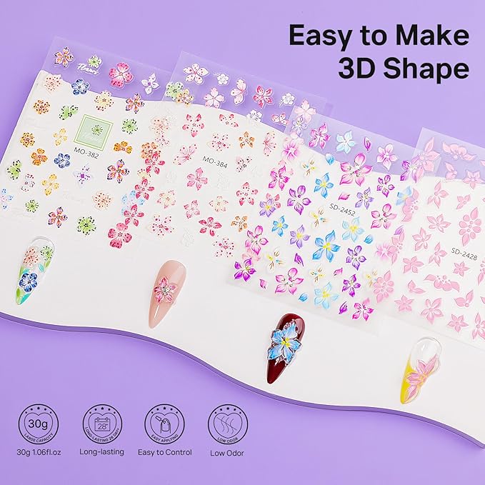MIZHSE Clear 3D Nail Sculpting Gel, Solid Molding Gel with 4pcs Flower Nail Art Stickers for Nail Art Designs Salon DIY Use