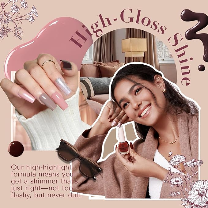 AZUREBEAUTY Nail Polish Set 4 Colors Brown Pink Glitter Nail Polish Quick Dry Natural Nail Lacquer Fingernail Kit with Top Coat DIY Salon Home