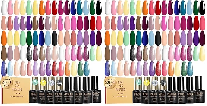 ROSALIND 30pcs Gel Nail Polish Set, 26 Colors Gel Polish with 3Pcs Glossy Matte Glitter Top Coat and Base Coat All Seasons Nude Blue Red Gel Nails art Kit DIY Salon at Home (Pack of 2)