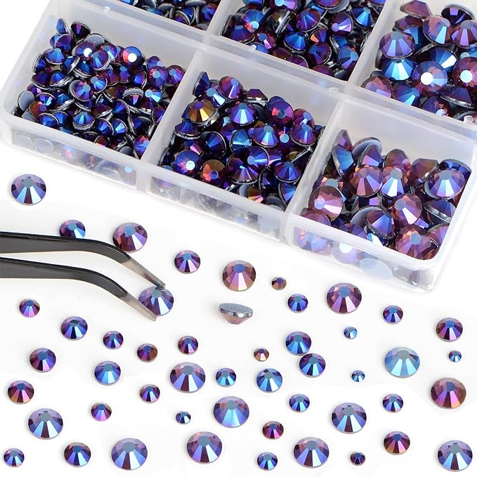 Bymitel Hotfix Crystal Rhinestones Round Gems for Crafts,Mixed 6 Sizes with Wax Pencil Kit, Amethyst AB 1.6-6.3mm SS4-SS30/8000pcs