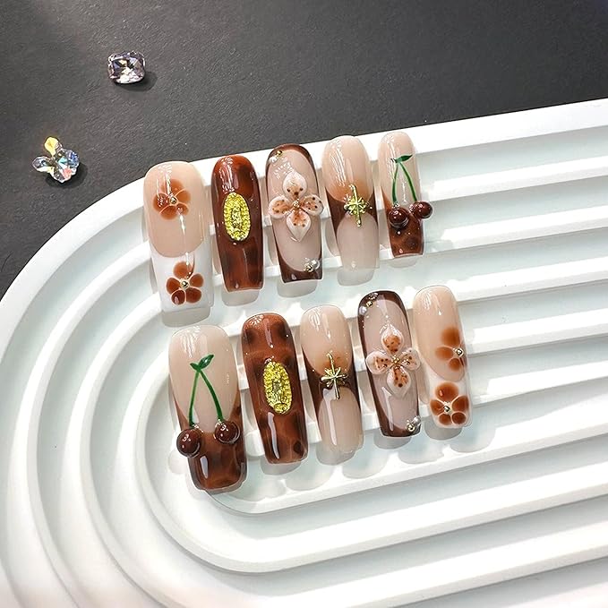 Luxury Handmade Press on Nails Glossy Amber False Nails French Tip Fake Nails with Glue 3D Flower and Charms Designs Acrylic Nails Press Ons Glossy Sparkly Full Cover Stick on Nail for Women (Size M)