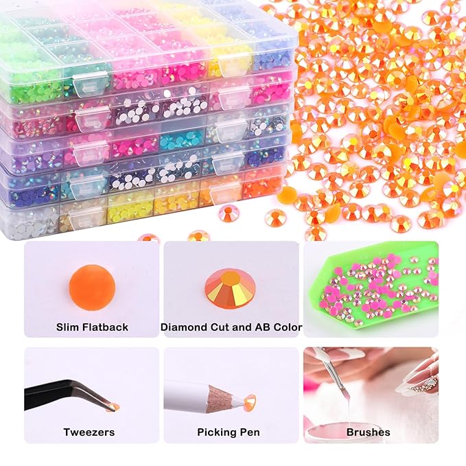 30000PCS Yellow AB Resin Flatback Rhinestones Kit, Jelly Resin Non-Hotfix Rhinestones for Crafts Makeup DIY Decoration Tumblers Nail Art 2mm, 3mm, 4mm, 5mm