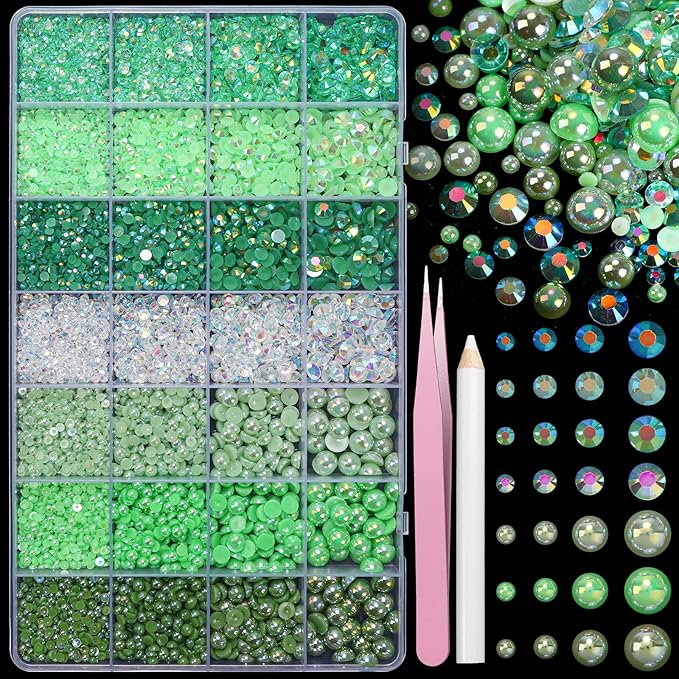 22000 Pcs Green Flatback Pearls and Rhinestones Bedazzling Kit, Resin Rhinestones Gems for Crafting, Mixed Size Half Pearls Gems for Nails Face Eyes Makeup Bottles Shoes DIY Crafts