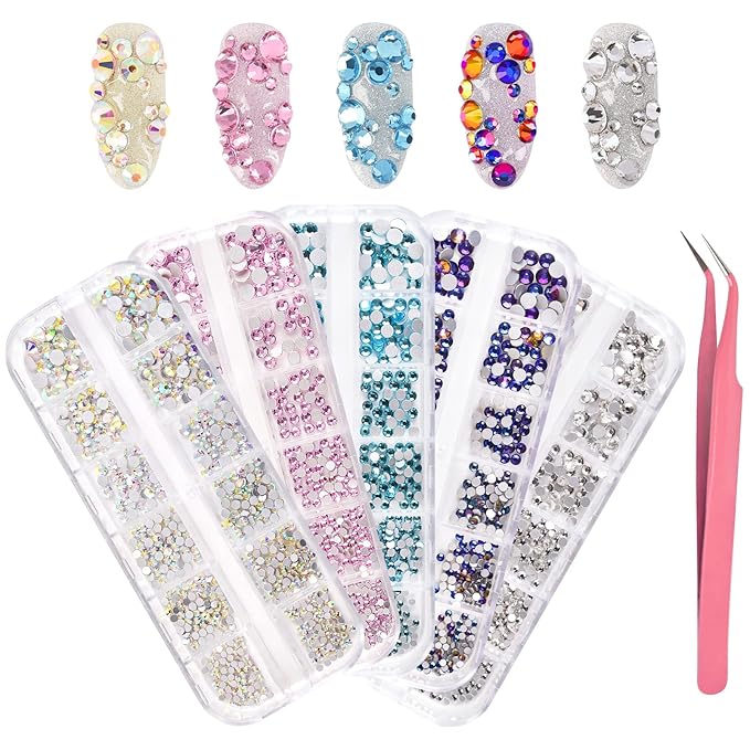 KADS Nail Crystals AB Nail Art Rhinestones 5 Colors Round Beads Flatback Glass Charms Gems Stones 6 Sizes for Nails Decoration Makeup Clothes Shoes (5 Colors+ Tweezer)