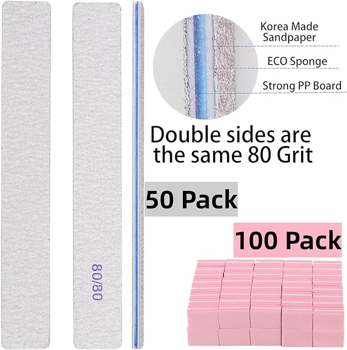 150pcs 80/80 Grit Nail Files Set, Manicures Pedicures Nails Emery Boards File Professional Nail Art Tools for Home,Salon,Clients,Strong, 2 Sided