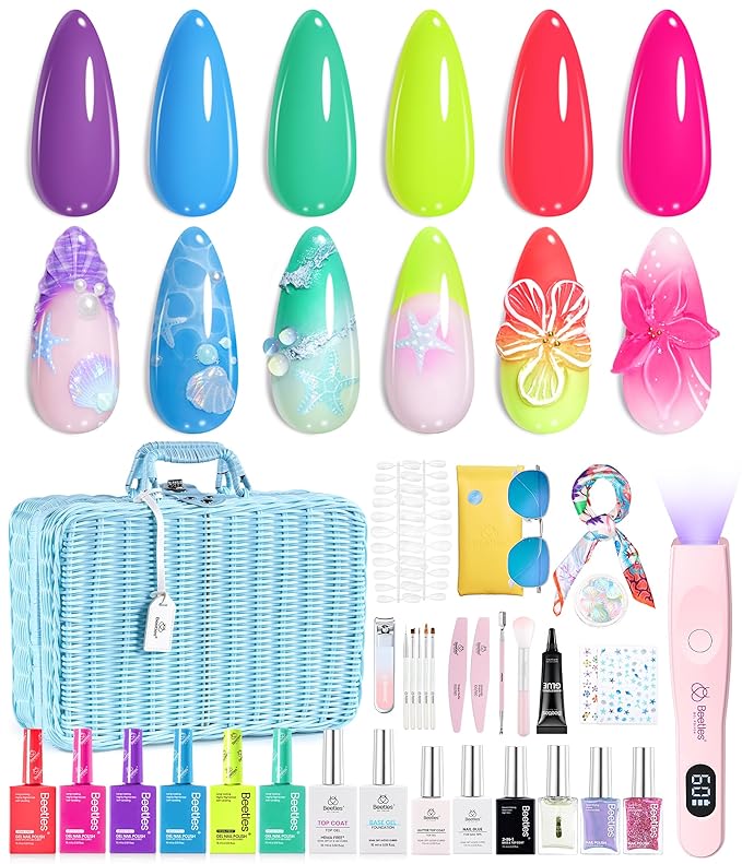 Beetles Gel Nail Polish Set with Mini LED Nail Lamp Purple Red Green Yellow Gel Polish with Base Top Coat Nail Art Brushes Salon DIY Gift Basket for Women