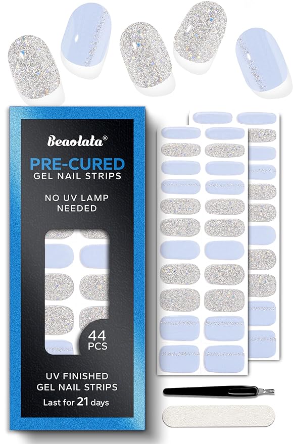 Pre Cured Gel Nail Strips - 44PCS Salon Quality Gel Nail Stickers - Long Lasting Polish Wraps for Women no UV Light Needed Easy Apply & Remove (Unicorn Silver Magic