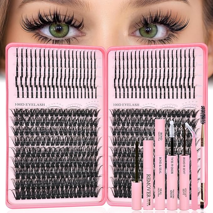 Lash Clusters Kit with Spikes, 100D+100D Eyelash Clusters Extensions Individual D Curl Fluffy Wispy False Eyelashes DlY Manga Lashes Extension Kit (12-22mm, Lash Clusters Kit)