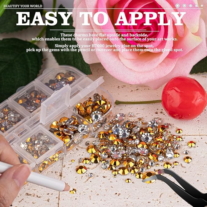 Resin Rhinestones for Crafting, 2/3/4/5/6mm Flatback Jelly Rhinestones, 2 Box Mineral Gold Non Hotfix Crystal Gems for Bedazzling Crafts Mugs Tumblers Clothes Makeup Nail