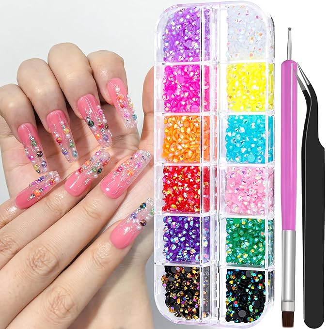 3D Mini Small Metal Stainless Steel Caviar Nail Beads Balls, 0.8-3mm Gold Silver Alloy Nail Art Chain Charms Studs with Tweezers and Dual-end Brush (9-K1-3mm-jelly)