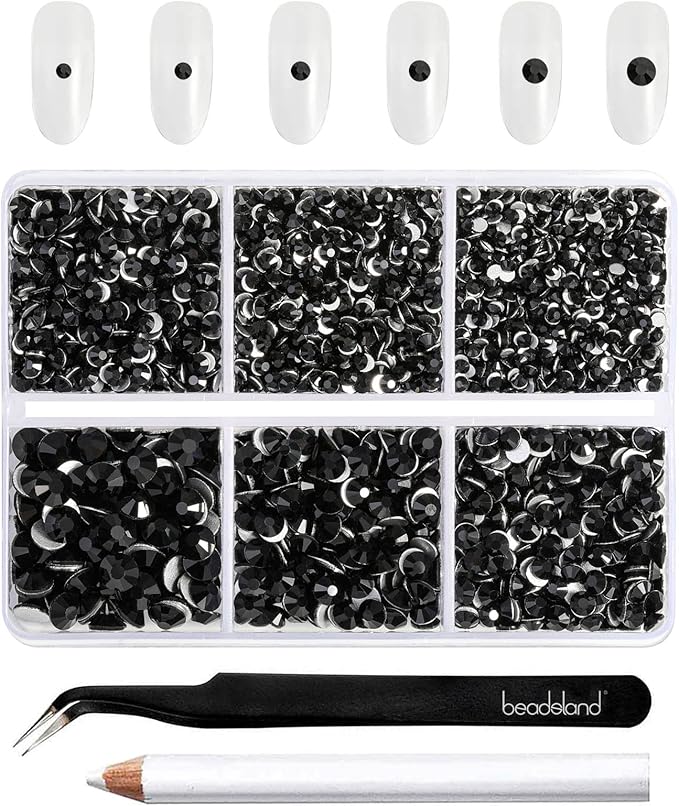 Beadsland 4300pcs Flatback Rhinestones,Black Rhinestone Nail Gems Round Crystal Rhinestones for Crafts,Mixed 6 Sizes with Picking Tweezers and Wax Pencil Kit, SS6-SS20,Jet Black