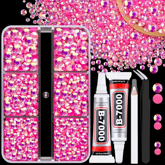 Resin Jelly Rhinestones for Crafting with B7000 Jewelry Glue, 1 Box Hot Pink AB Flatback Crystals with 2Pcs 10ml Glue, Bedazzling Non Hotfix Gems for DIY Tumblers Clothing Shoes Manicure