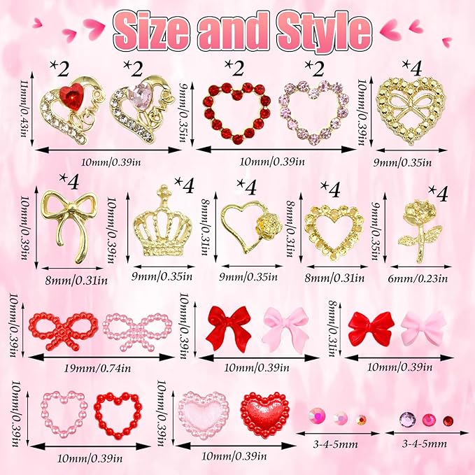 BELICEY Valentines Gold Heart Nail Charms 3D Metal Red Heart Nails Rhinestone and Gem Flatback Pink Bow Nail Jewelry for Valentine‘s Day DIY Manicure Decorations for Women Accessories Supplies
