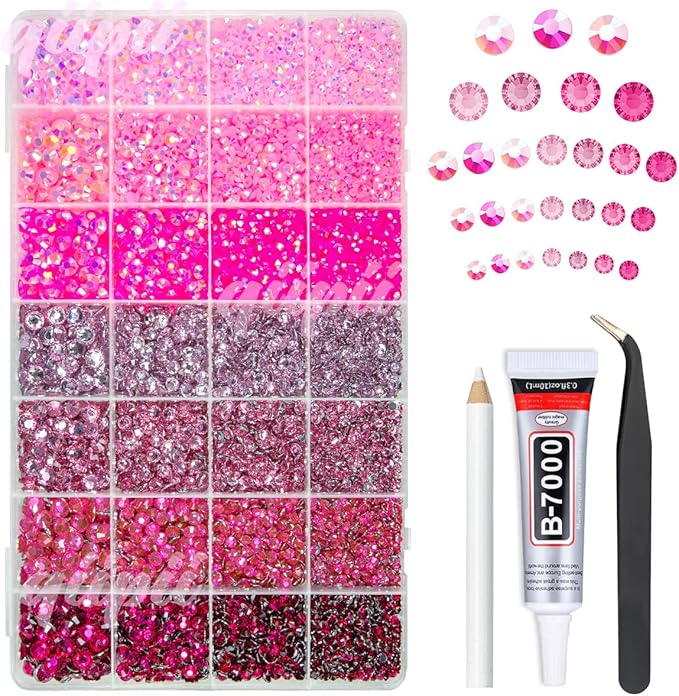 28 Types Pink Jelly Resin Rhinestones w B7000 Glue for Bedazzling Crafting 3mm-6mm Flatback Colorful Stones Gems Diamonds Bedazzler Kit for Nails Face Eyes Makeup Crafts Tumblers Bottles Shoes