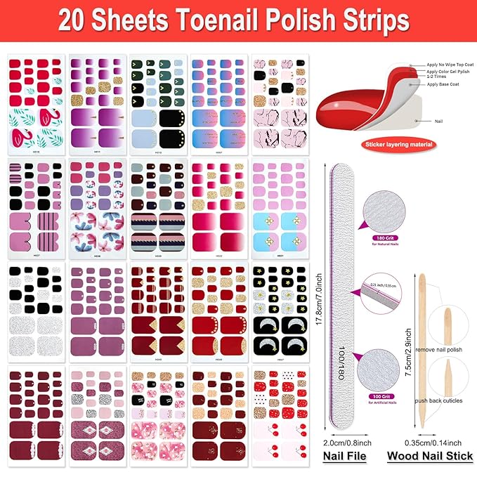 DANNEASY 20 Sheets Toe Nail Stickers Full Nail Wraps for Women - Colorful Self Adhesive Toenails Polish Strips for Toes Gel Strips Toenail Manicure Gel Sticker Nails with File, Cuticle Stick