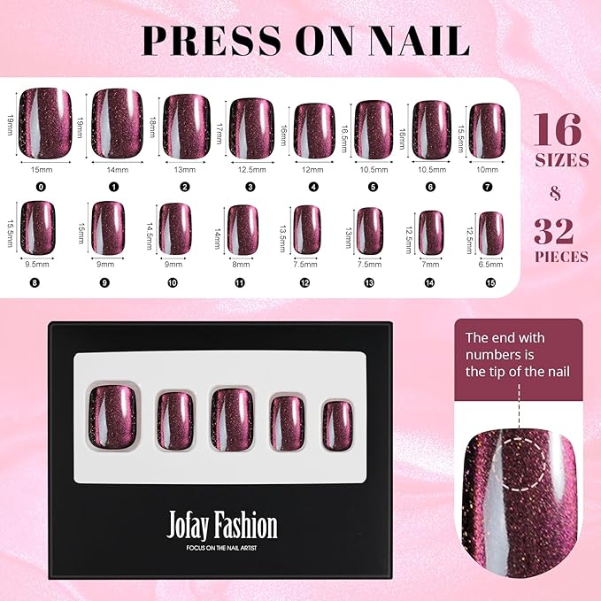 Cat Eye Press on Nails Short, Jofay Fashion Soft Gel Fake Nails, Purple-red Color-changing Shimmer Cat Eyes Nails, Reusable & Glossy Acrylic False Nails, Glue on Nails Kit Stick on Nails for Women