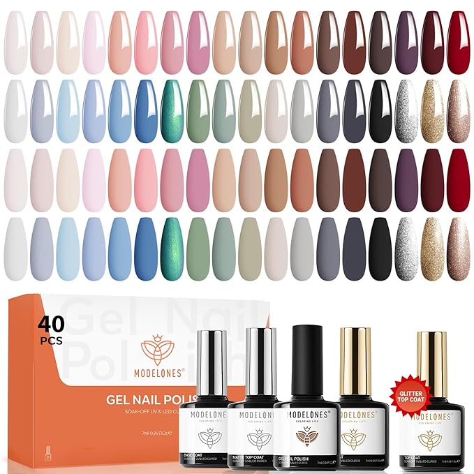 modelones 40 Pcs Gel Nail Polish Set, 36 Colors Winter Nude Brown White Burgundy Red Blue Black Glitter Gel Polish Kit with Base Coat& Matte Glitter Glossy Top Coat Salon DIY Manicure