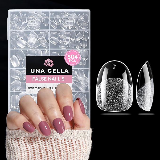 UNA GELLA Oval Nail Tips Exra Short 504PCS Pre-shape Gel Oval Almond Nail Tips for Women DIY Salon Round Almond Press On Nails Full Cover Clear Fake Acrylic Tips 12 Sizes