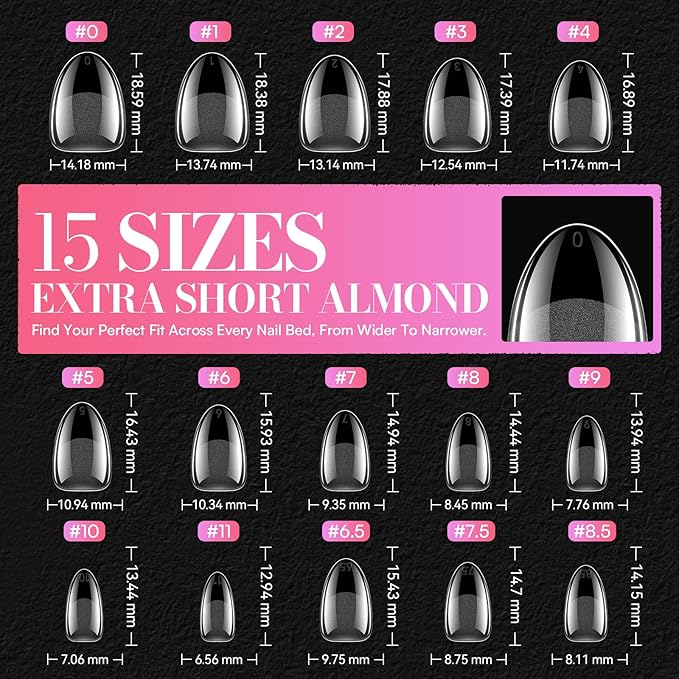 Makartt Extra Short Almond Nail Tips: 240PCS, 15 Sizes, Half Matte, Clear Fake Nails - Full Cover Soft Acrylic Press On Nail Extensions Supplies Salon and Home DIY for Flat & Natural Nail Beds