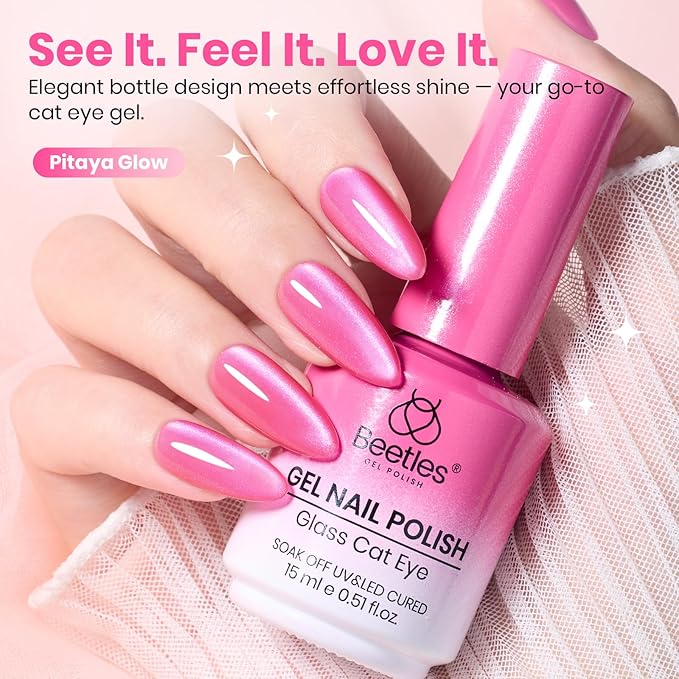 Beetles Pitaya Glow Pink Cat Eye Gel Nail Polish - 15ML Glitter Pink Cat Eye Spring Gel Polish Magnetic Shimmer Effect Soak Off UV Nail Art Design Salon DIY Manicure Gift for Women