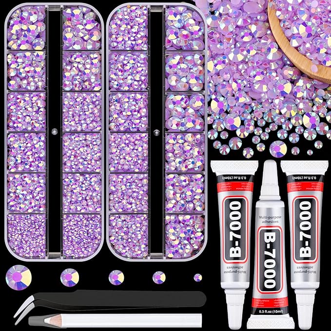 Resin Jelly Rhinestones for Crafting with B7000 Jewelry Glue, 2 Boxes Light Purple AB Flatback Crystals with 3Pcs 10ml Glue, Bedazzling Non Hotfix Gems for DIY Tumblers Clothing Shoes Manicure