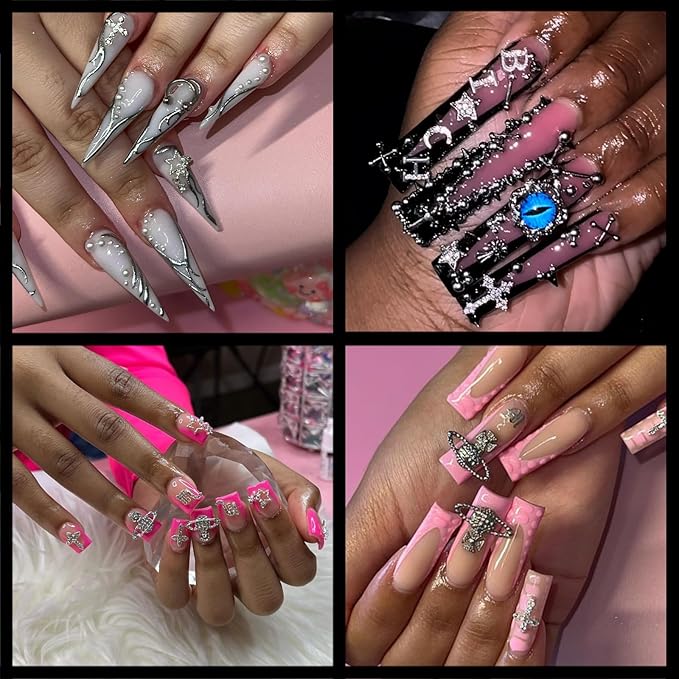 134PCS Nail Charms,Silver Star Planet Cross Nail Jewels Punk Pink Handcuffs Billiards Nail Art Accessories for Acrylic Nails, Nail Art Supplies Craft DIY, Mix