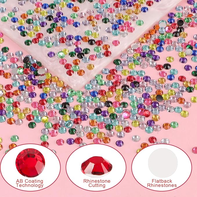 15000Pcs Flatback Rhinestones for Crafts, 3mm Mixed Color Crystals Rhinestone, Resin Glitter Gems Nail Diamonds Rhinestones for Clothes Accessories DIY