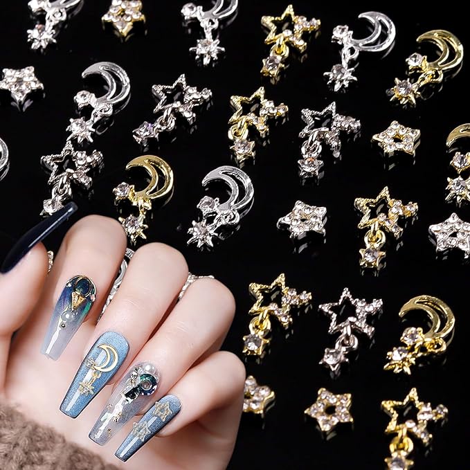 Kalolary Rhinestones 48Pcs, Silver & Gold Stars and Moon Nail Art Decoration, Shiny Diamond Crystal Decorative Nail Ornaments for DIY Crafts